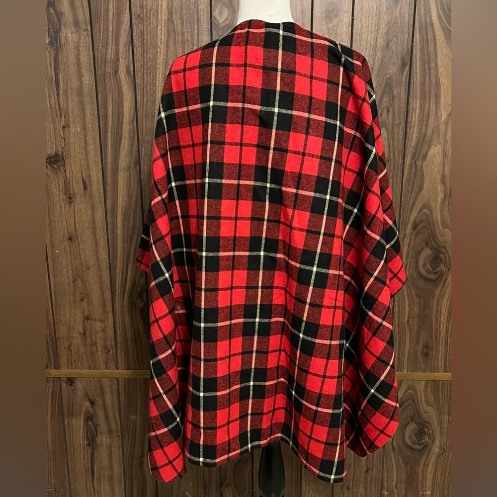 TEXAS BODY HANGINGS RED BLACK Plaid Wool Belted Cape Wrap Cloak Rare One Size - Picture 4 of 5